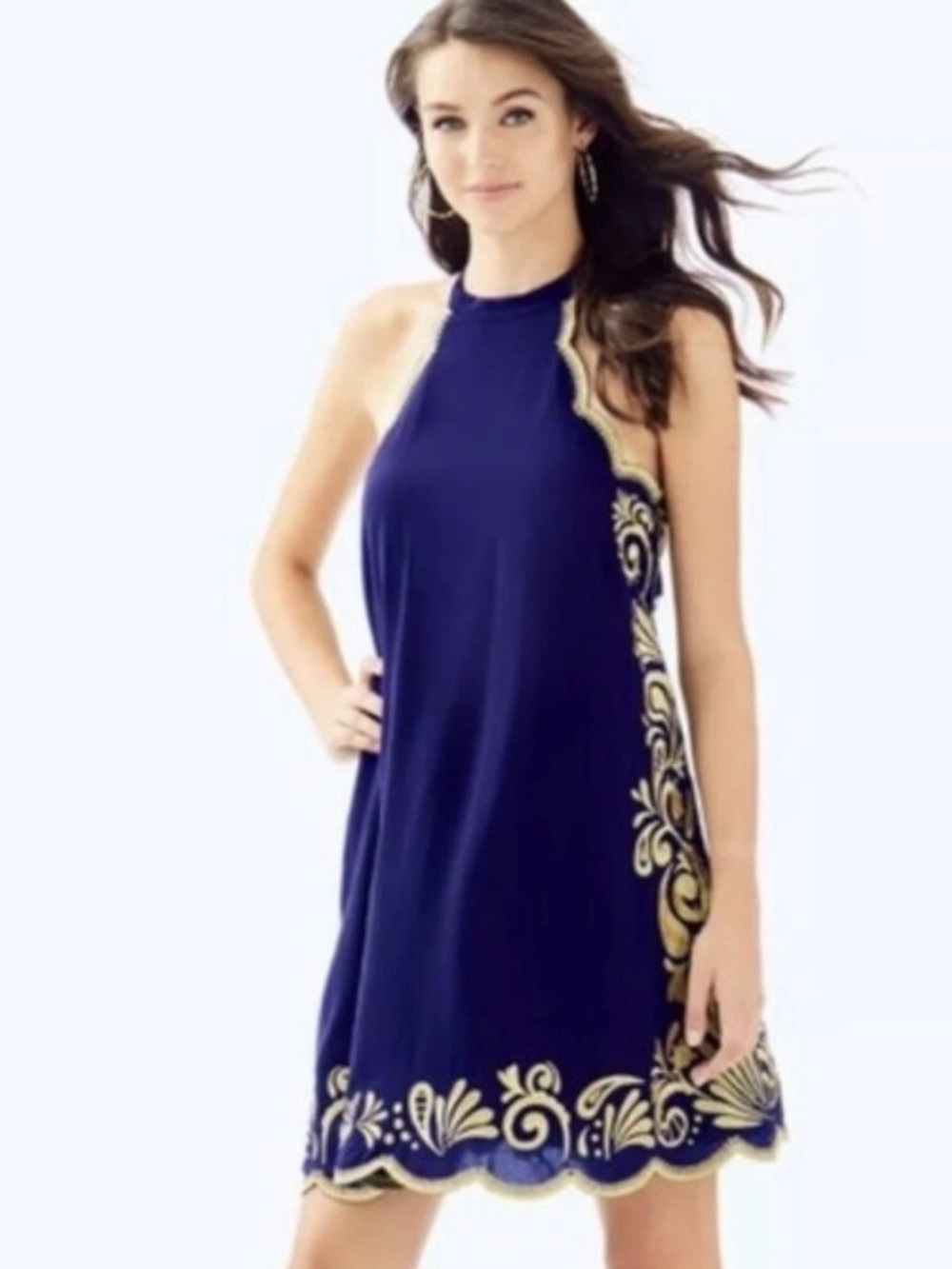 Lilly Pulitzer Navy Halter Mini Dress with Gold Scroll Trim